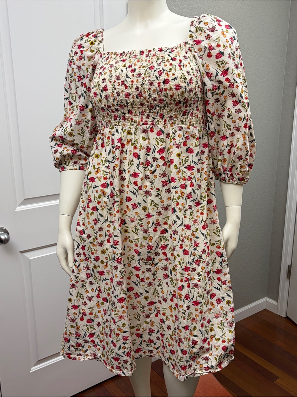 J.Crew Floral Smocked Midi Dress Ivory Wildflower Cotton Puff Sleeve XL